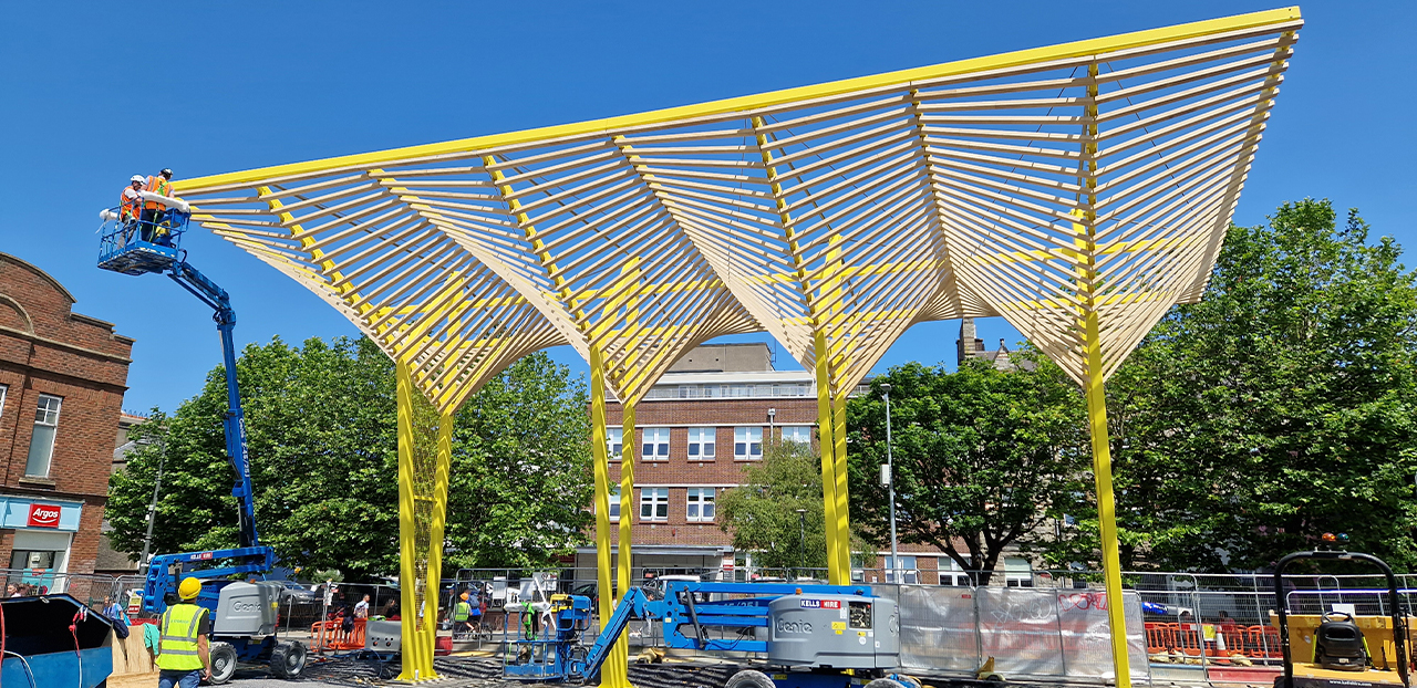 Wooden and steel canopy: Myrtle Square Canopy